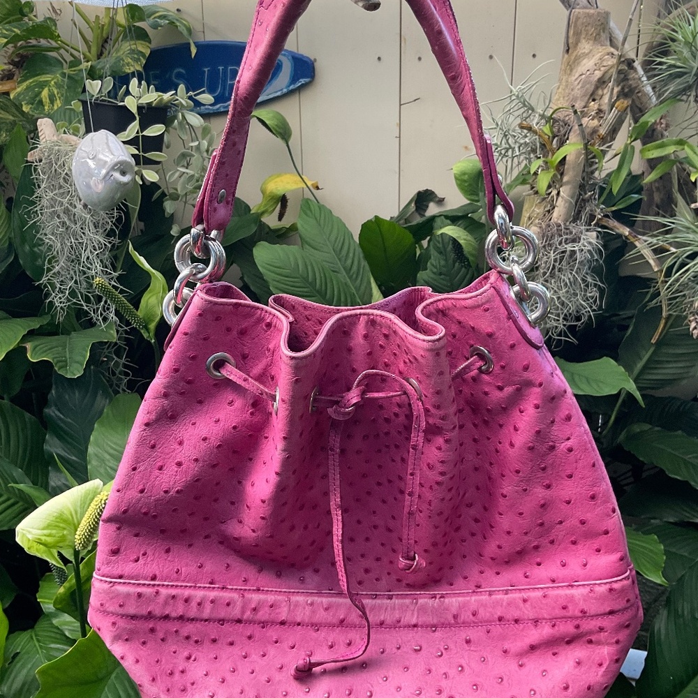 VTG FURLA Raspberry Pink Pebbled Leather w/Drawstring Feature